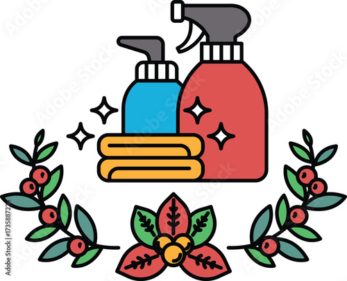 A bottle of blue and a bottle of red spray cleaner are shown with a leafy border