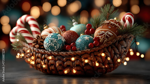 Christmas cornucopia concept. Festive Christmas basket filled with colorful ornaments, candy canes, and pine branches, surrounded by warm glowing lights
