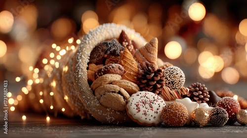 Christmas cornucopia concept. Festive cornucopia filled with assorted cookies, pinecones, and holiday decorations, surrounded by warm bokeh lights