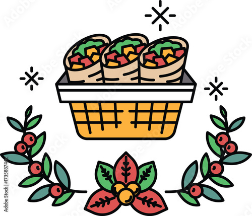 A basket of food with three burritos in it