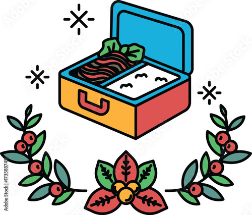 A cartoonish drawing of a lunch box with a meal inside