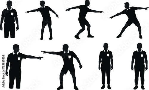 Referee silhouette signal, sports official gesture pose, black figure stance, dynamic communication movement, isolated background, soccer decision action, uniformed stance