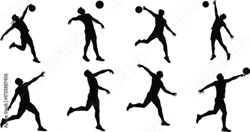 Silhouette athlete throwing ball, sports motion sequence, volleyball serve action, tennis training pose, dynamic movement, black figure, isolated background
