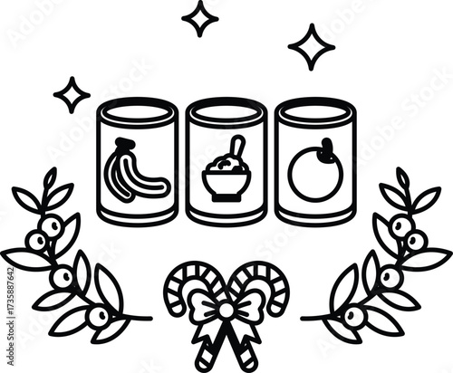 Three cans of food are shown in a wreath