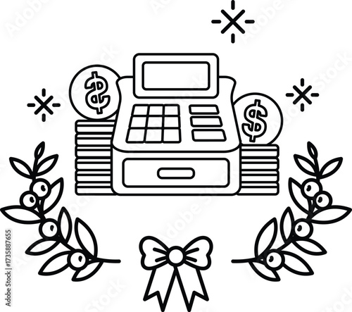 A black and white drawing of a cash register with a bunch of coins on top of it