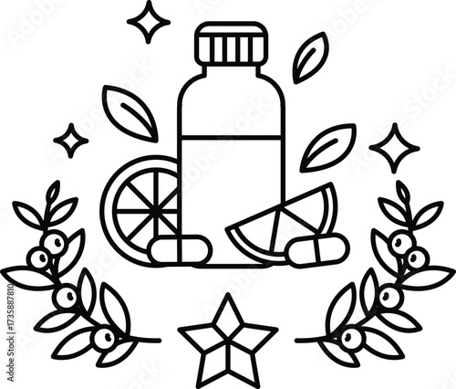 A bottle of medicine is surrounded by a wreath of leaves and an orange slice