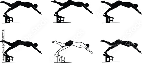 Swimmer dive sequence, diving silhouette, athletic motion, sports training, body posture, swim start, competitive swimming, biomechanics illustration, isolated vector, motion breakdown