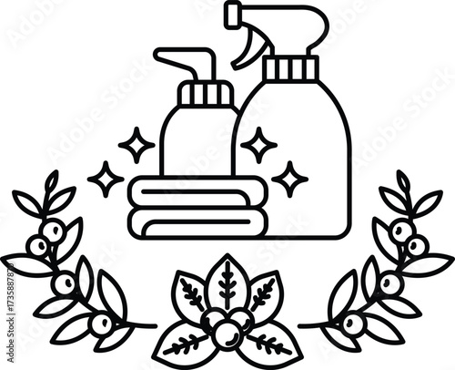 A bottle of spray cleaner is next to a bottle of soap