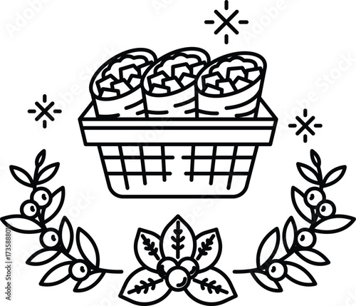 A basket of food with three burritos in it