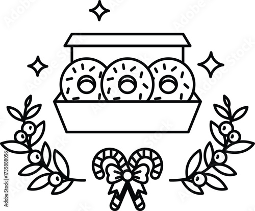 A box of donuts is shown with a wreath of leaves surrounding it