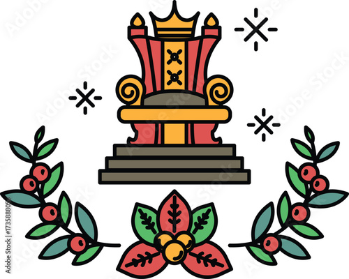 A drawing of a throne with a crown on top and a crown of leaves on the bottom