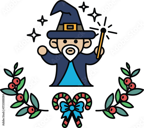 A cartoonish wizard with a wand is surrounded by a wreath of leaves