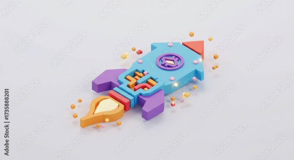 Obraz premium Vibrant 3D isometric rocket blasting off with colorful geometric shapes, symbolizing innovation, growth, and futuristic technology in a clean, modern style.