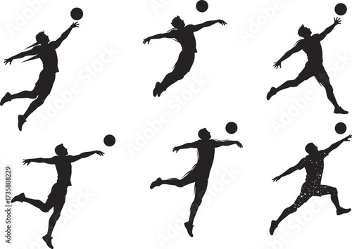 PVolleyball jump silhouette, athlete spiking ball, dynamic sports pose, black figure motion, training action, isolated background, serve technique, ball hit