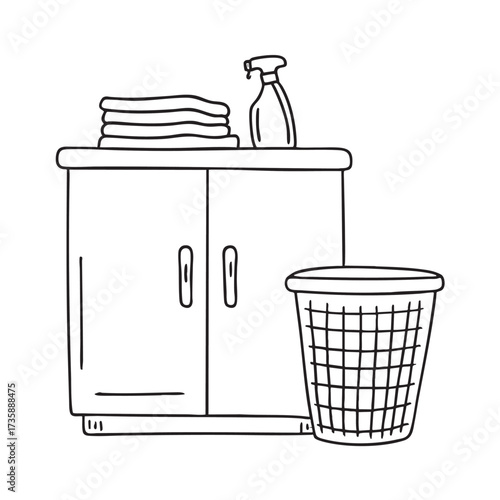A wastebasket next to a cabinet with cleaning supplies on top