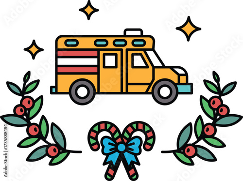 A yellow school bus with a red stripe and a red cross on the side
