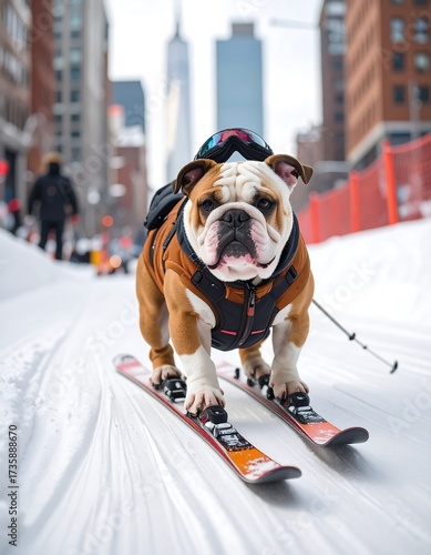Bulldog on skis in snowy city