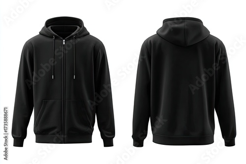 Blank black zip-up hoodie, front and back views