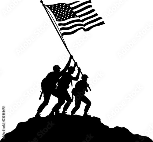 US Military Soldiers and American Flag Silhouette