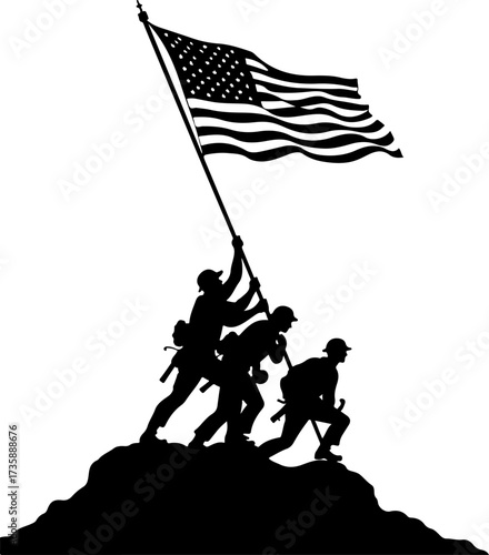 US Military Soldiers and American Flag Silhouette