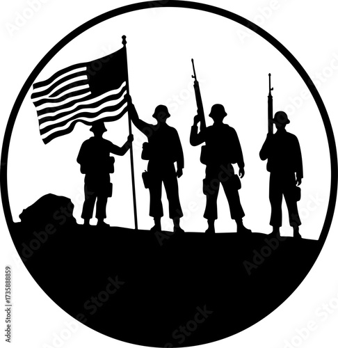 US Military Soldiers and American Flag Silhouette