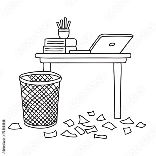 A wastebasket on the floor beside a desk with scattered papers