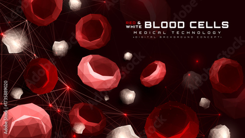 Glow Red And White Blood Cells in Capillary on Dark Background. Futuristic Medical Technology Hematology Design Concept. Create animated vector illustrations in low polygon 3D style.