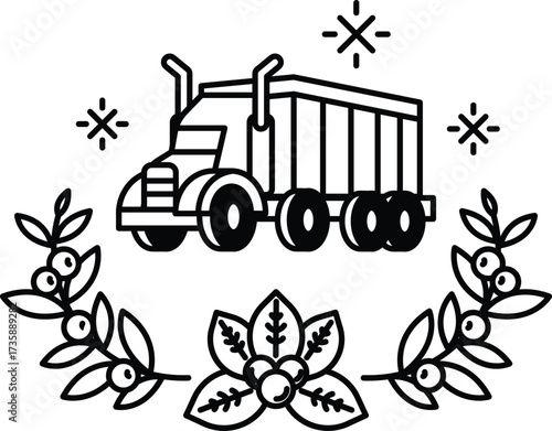 A black and white truck is driving through a field of flowers
