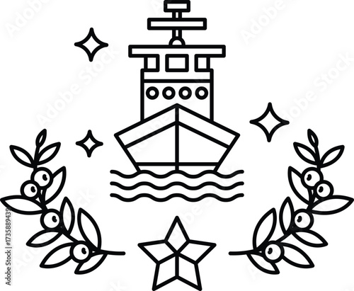 A ship is sailing on the water with a star and a laurel wreath