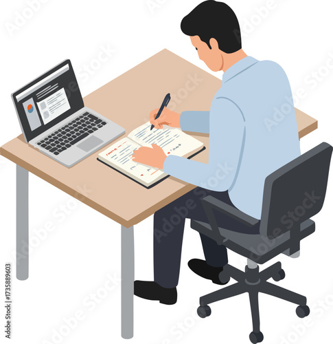 Isometric Man Working from Home with Laptop and Notebook Illustration
