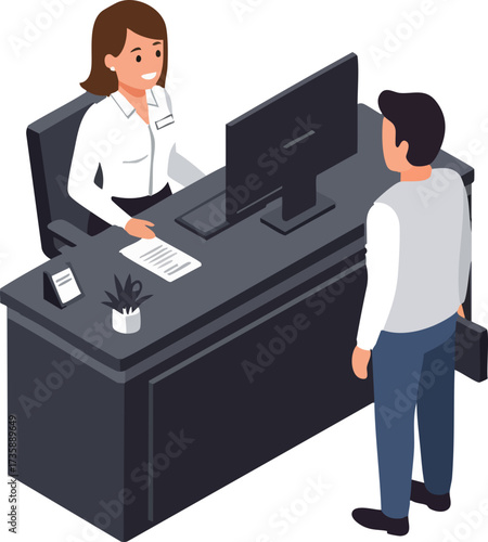 Isometric Reception Scene Illustration with Client and Receptionist at Desk