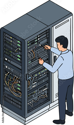 Isometric Illustration of Man Working On Server Rack IT Infrastructure