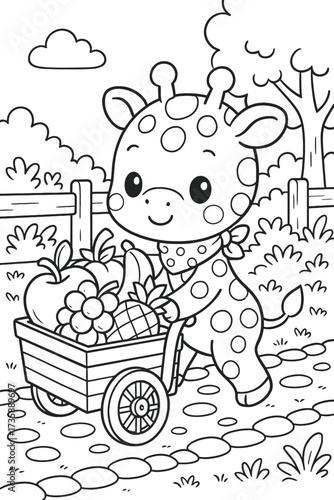 Adorable giraffe pulling a cart filled with fruits in a whimsical garden