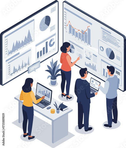 Isometric Detail Business Analysis Team Discussion on Financial Graph Dashboard