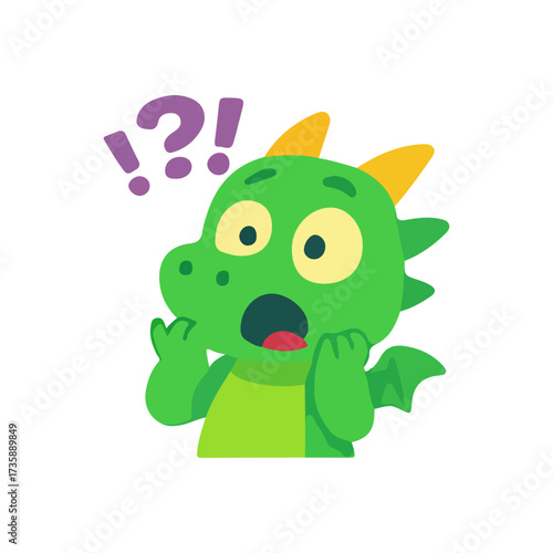 Cute dragon cartoon surprised expression. Adorable green dragon mascot confused face. Funny dragon character shocked illustration.