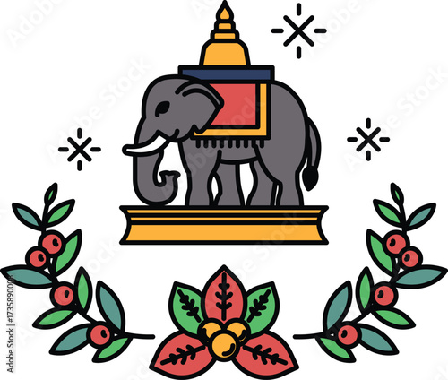A drawing of an elephant on a pedestal with a red and blue saddle