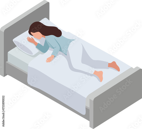 Isometric Flat Lay Woman Sleeping Peacefully in Bed Comfort Illustration
