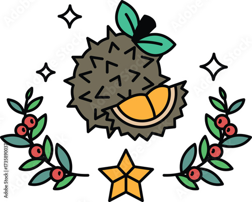 A drawing of a fruit with a star and leaves surrounding it