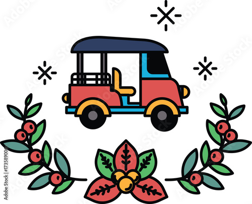 A red and blue vehicle with a blue roof is surrounded by green leaves