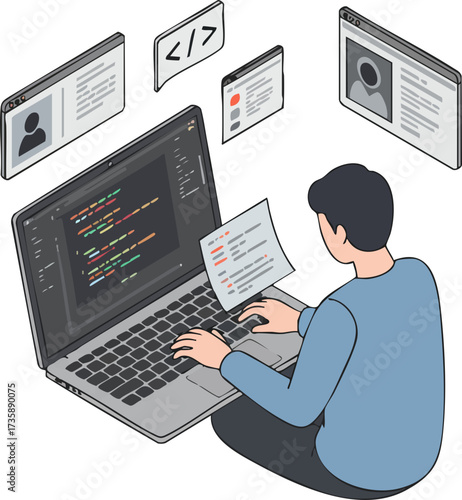 Flat Illustration Coder Writing Code on Laptop with User Interface