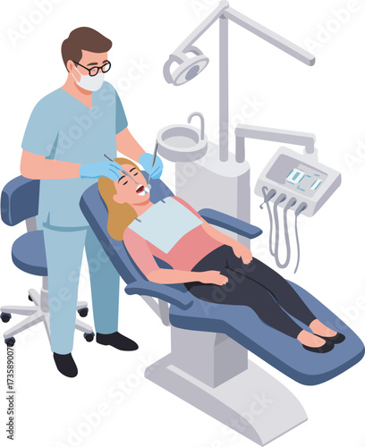 Isometric Detailed Dentist Examining Patient in Dental Clinic Illustration