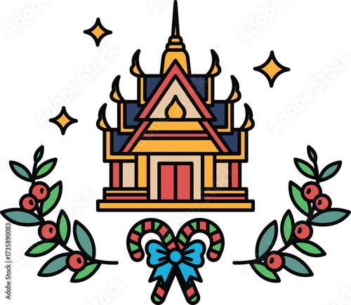 A drawing of a building with a wreath and a bow on it