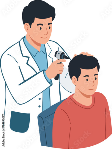 Flat Illustration Doctor Examining Patient's Scalp with Otoscope Medical Consultation