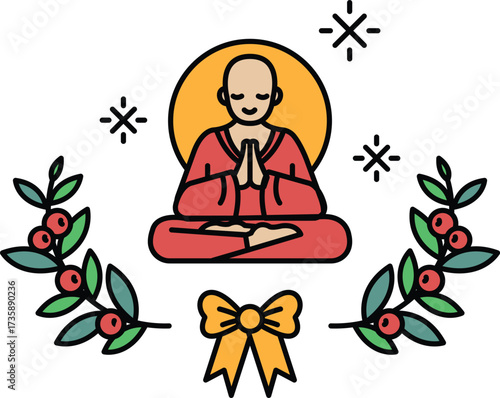 A man in a red robe is sitting cross legged and making a sign of the cross