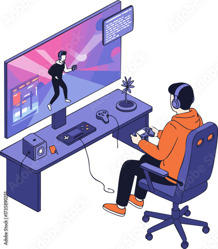 Isometric Detailed Gamer Playing Console On Desktop Gaming Setup Illustration