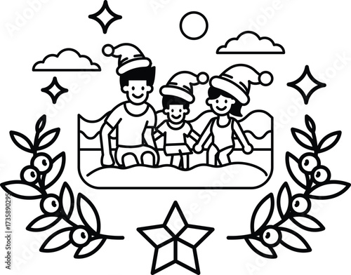 A family of three children and a man are sitting on a sled