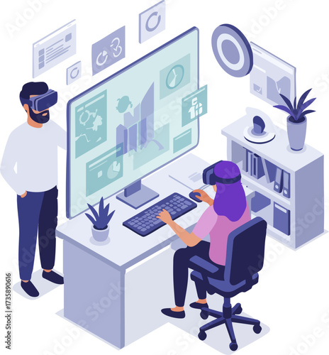 Isometric Modern Workplace Virtual Reality Technology with People Doing Work Illustration