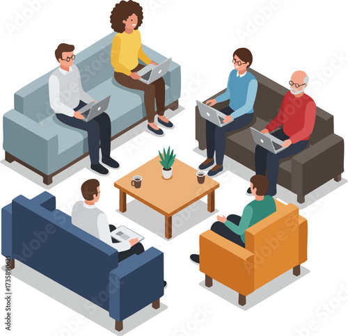 Isometric Flat Illustration Team Meeting Around Sofa Set Discussion