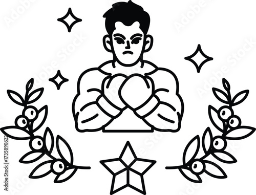 A man with a boxing glove on his left hand and a fist on his right hand