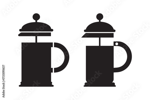 Set of Minimalist French Press Coffee Silhouette Icons for Cafe Beverage and Kitchen Appliance Designs